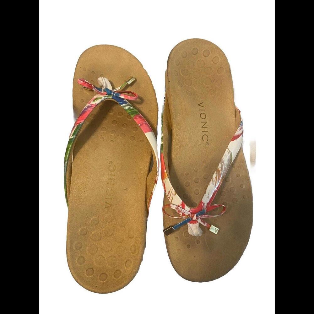 VIONIC Womens Floral Print  Bow BELLA II THONG SANDALS Flip Flops Size 9.